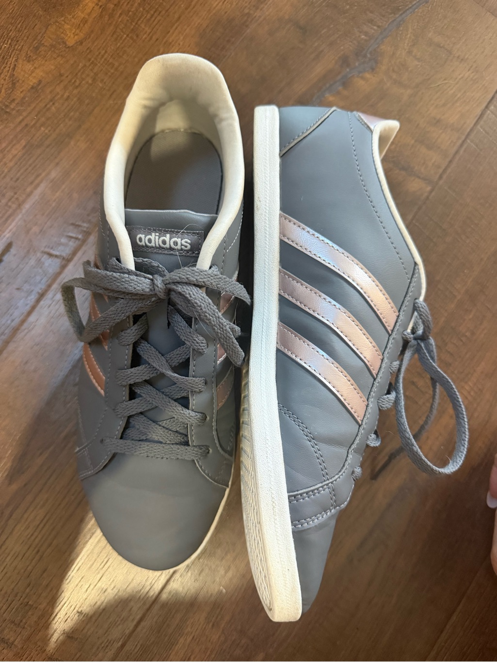 Adidas Gray Leather Sneakers With Metallic Rose, 7.5